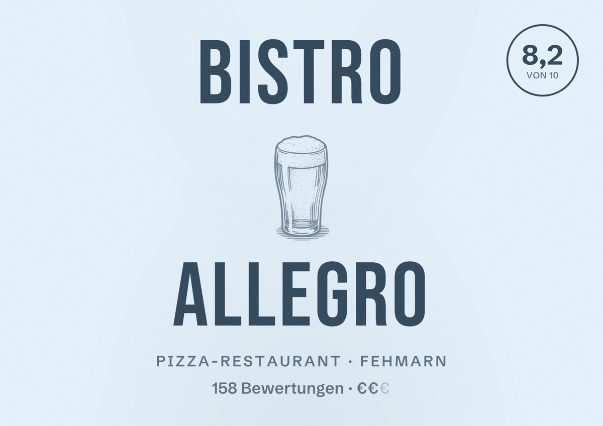 Illustriertes Poster von Bistro Allegro, Pizza-Restaurant in Fehmarn: Bewertung 8,2 von 10 aus 158 Bewertungen, Preisniveau €€
