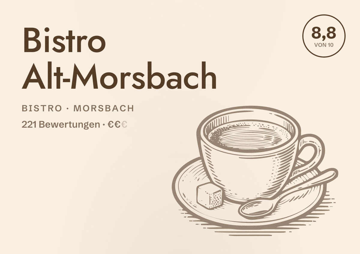 Illustriertes Poster von Bistro Alt-Morsbach, Bistro in Morsbach: Bewertung 8,8 von 10 aus 221 Bewertungen, Preisniveau €€