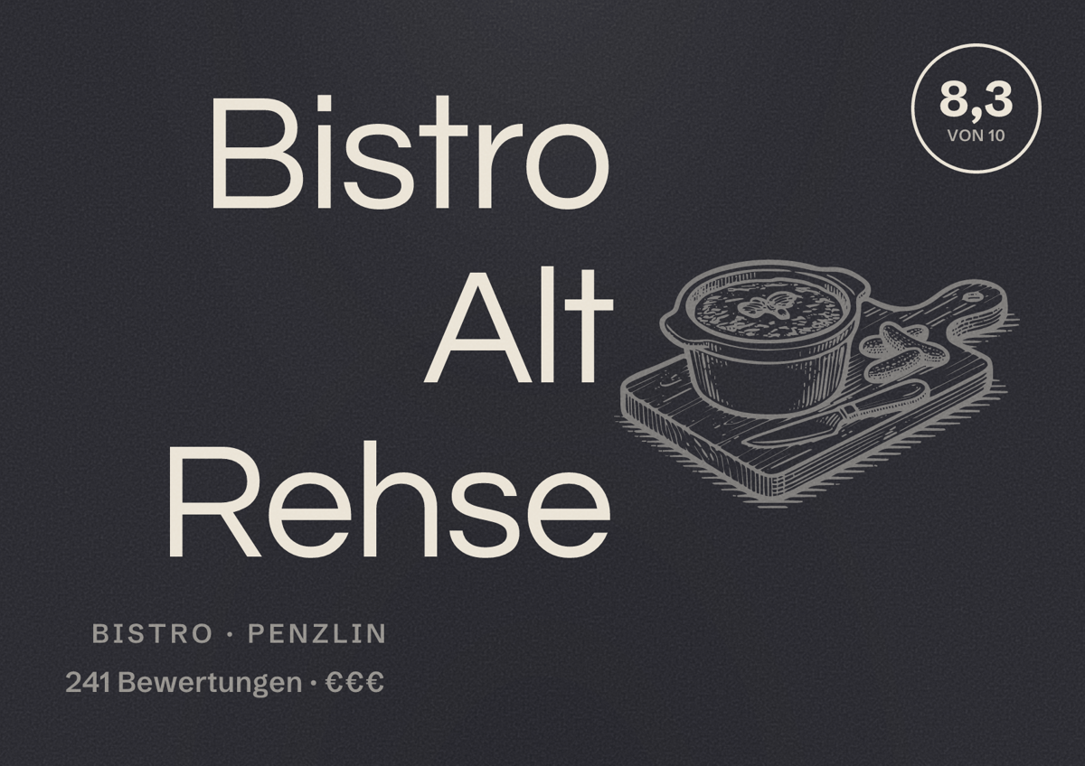 Illustriertes Poster von Bistro Alt Rehse, Bistro in Penzlin: Bewertung 8,3 von 10 aus 241 Bewertungen, Preisniveau €€€