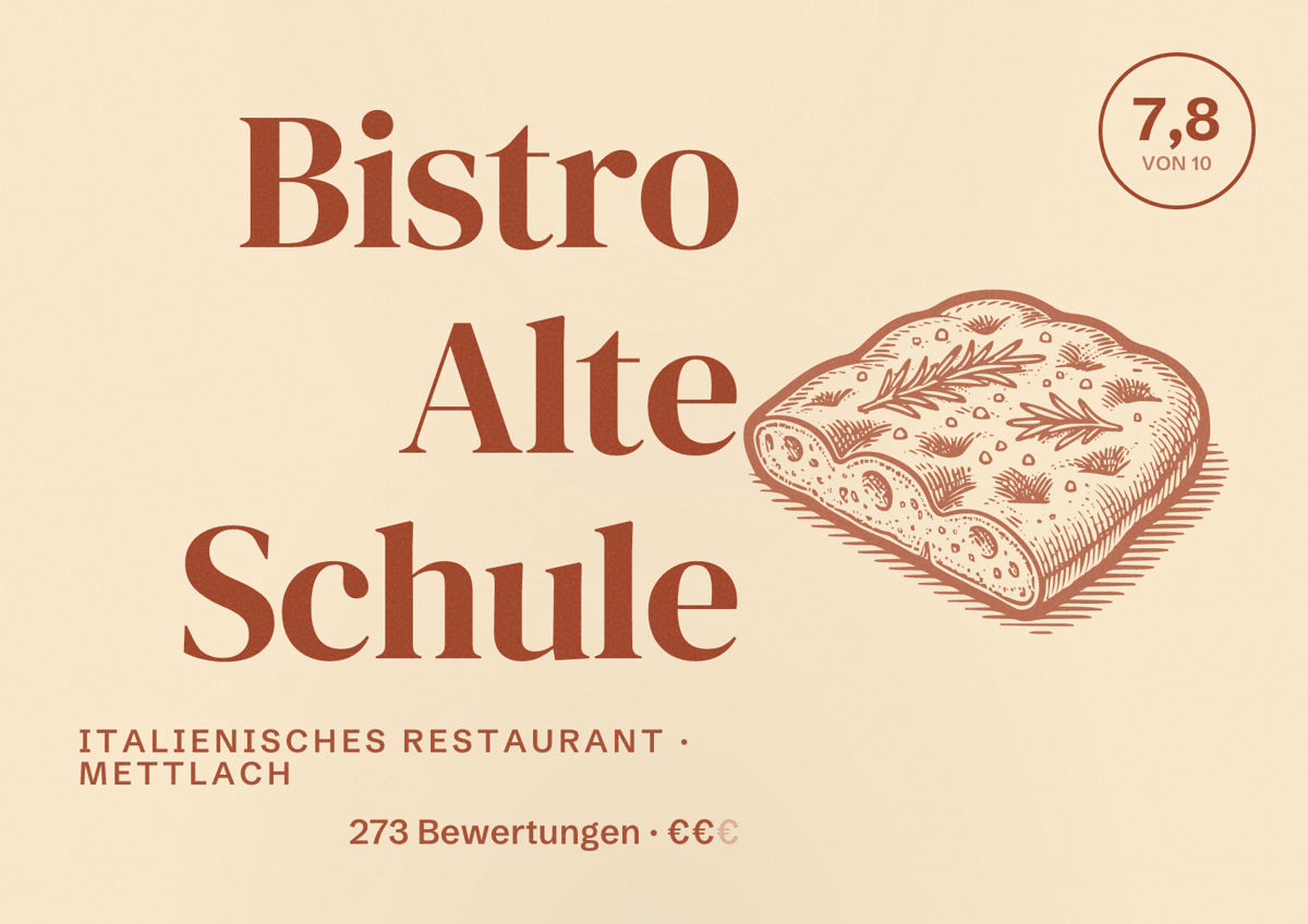 Illustriertes Poster von Bistro Alte Schule, Italienisches Restaurant in Mettlach: Bewertung 7,8 von 10 aus 273 Bewertungen, Preisniveau €€