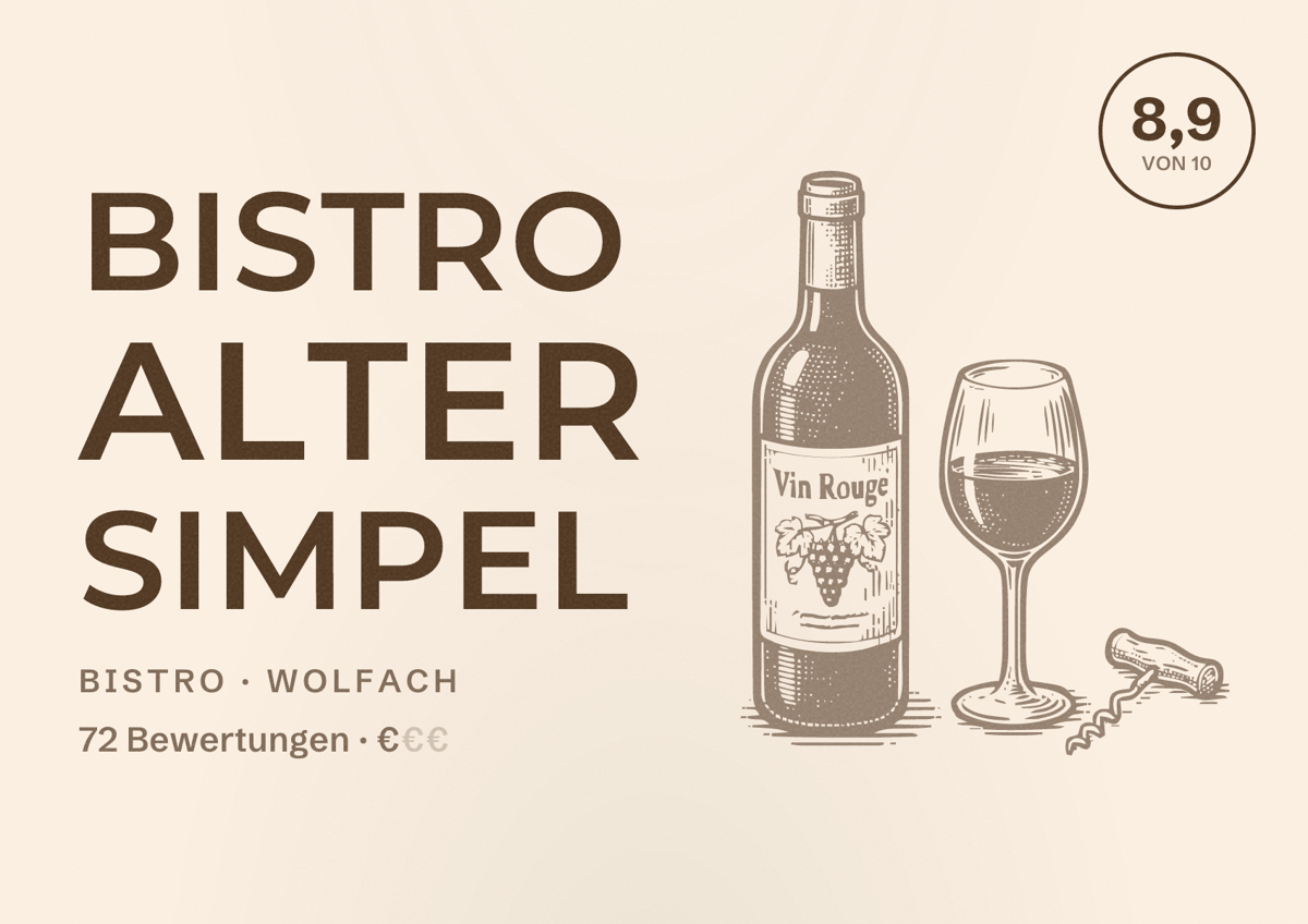 Illustriertes Poster von Bistro Alter Simpel, Bistro in Wolfach: Bewertung 8,9 von 10 aus 72 Bewertungen, Preisniveau €