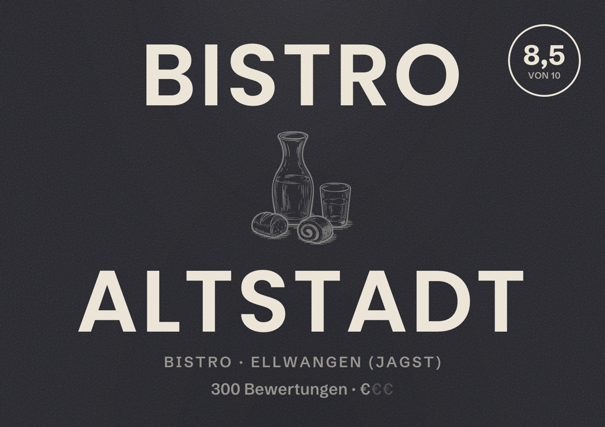 Illustriertes Poster von Bistro Altstadt, Bistro in Ellwangen (Jagst): Bewertung 8,5 von 10 aus 300 Bewertungen, Preisniveau €