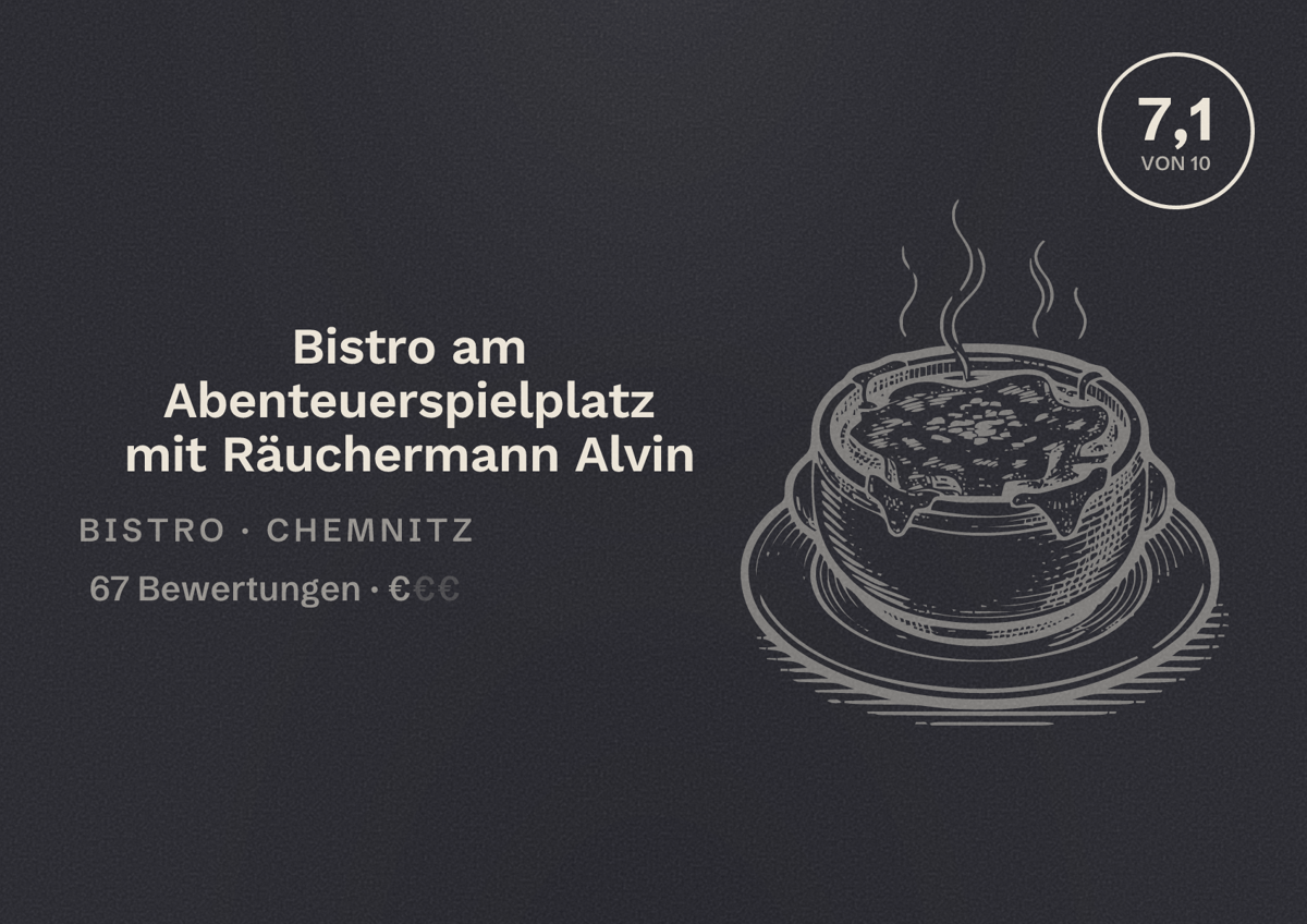Illustriertes Poster von Bistro am Abenteuerspielplatz mit Räuchermann Alvin, Bistro in Chemnitz: Bewertung 7,1 von 10 aus 67 Bewertungen, Preisniveau €