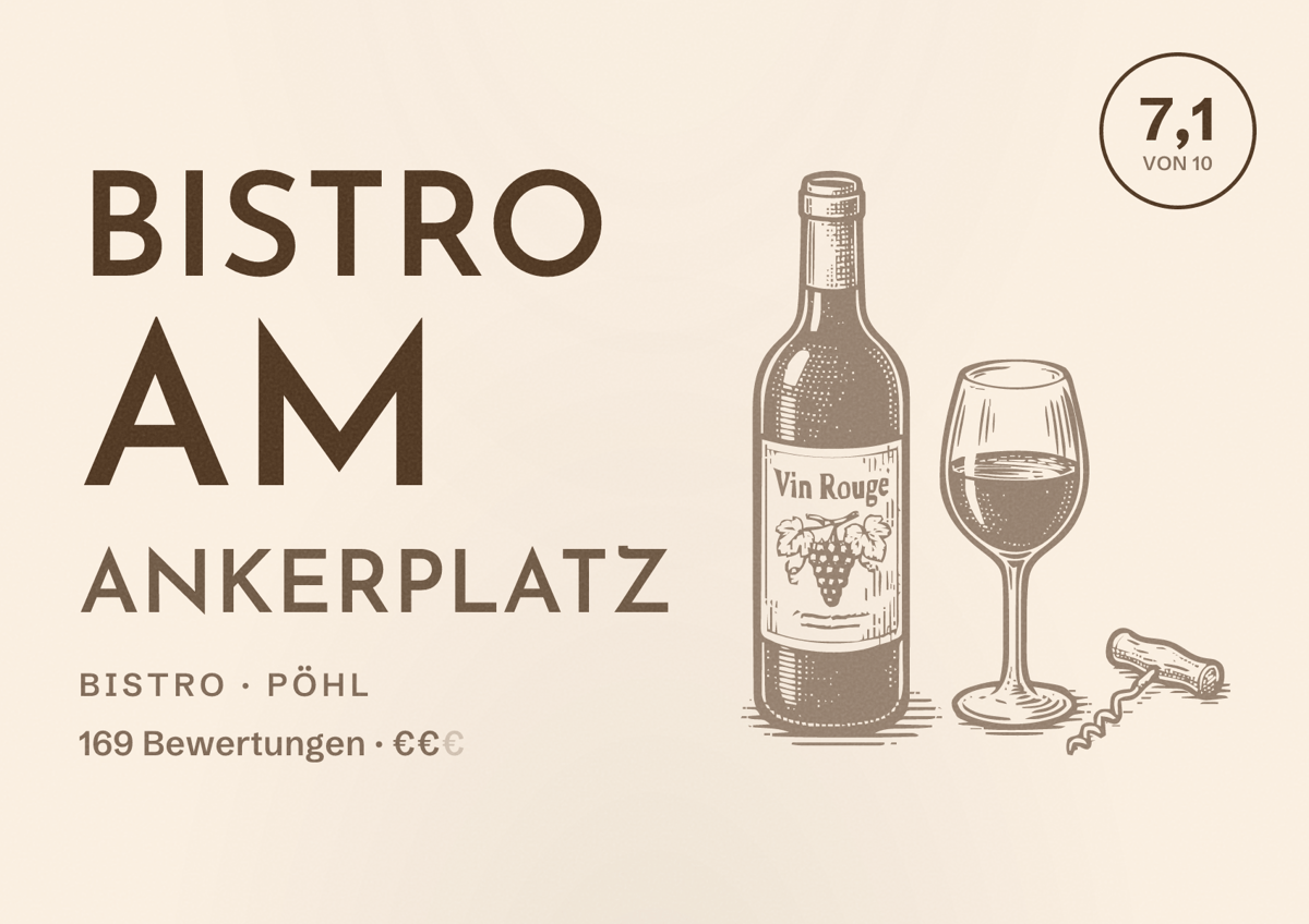Illustriertes Poster von Bistro am Ankerplatz, Bistro in Pöhl: Bewertung 7,1 von 10 aus 169 Bewertungen, Preisniveau €€