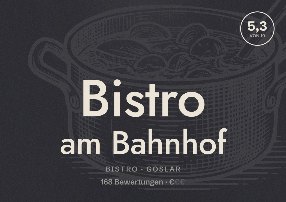 Illustriertes Poster von Bistro am Bahnhof, Bistro in Goslar: Bewertung 5,3 von 10 aus 168 Bewertungen, Preisniveau €