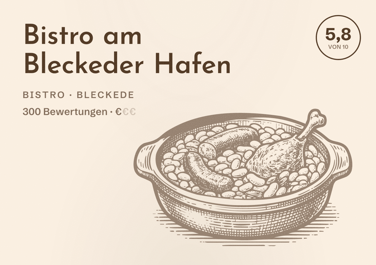 Illustriertes Poster von Bistro am Bleckeder Hafen, Bistro in Bleckede: Bewertung 5,8 von 10 aus 300 Bewertungen, Preisniveau €