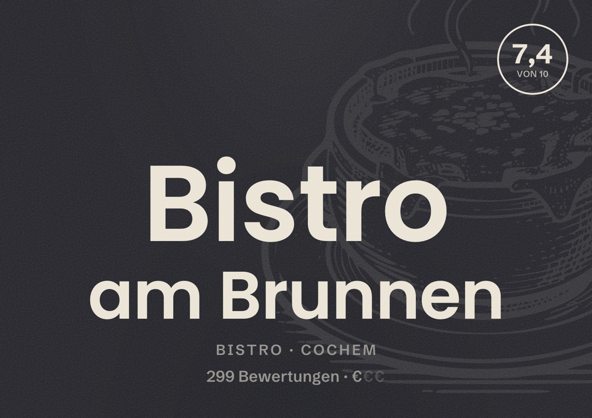 Illustriertes Poster von Bistro am Brunnen, Bistro in Cochem: Bewertung 7,4 von 10 aus 299 Bewertungen, Preisniveau €