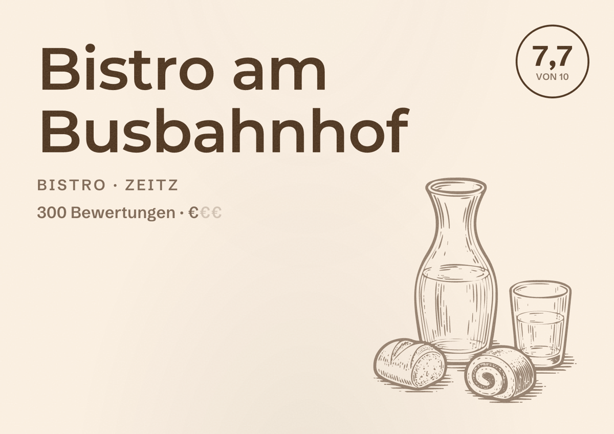 Illustriertes Poster von Bistro am Busbahnhof, Bistro in Zeitz: Bewertung 7,7 von 10 aus 300 Bewertungen, Preisniveau €