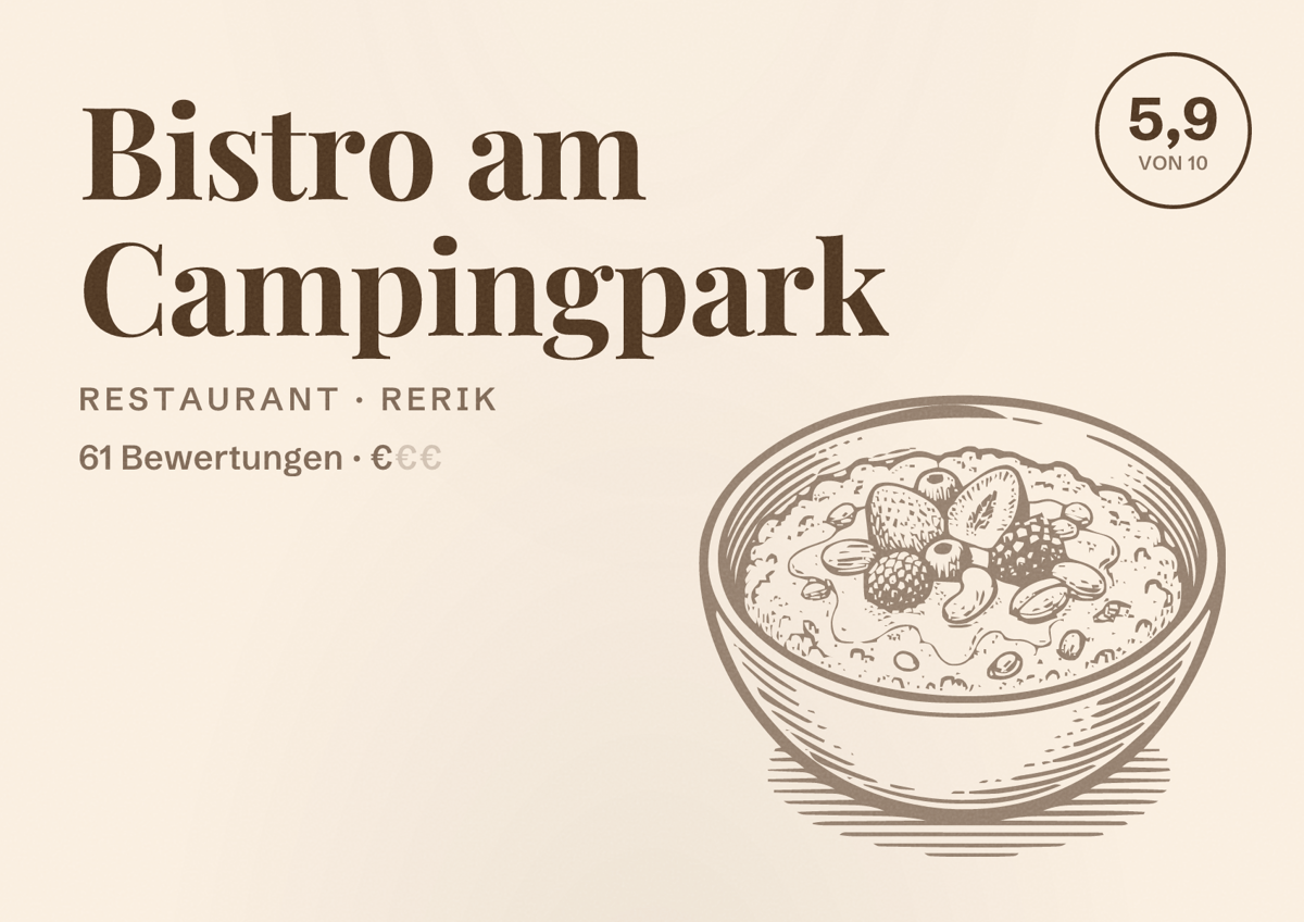 Illustriertes Poster von Bistro am Campingpark, Restaurant in Rerik: Bewertung 5,9 von 10 aus 61 Bewertungen, Preisniveau €
