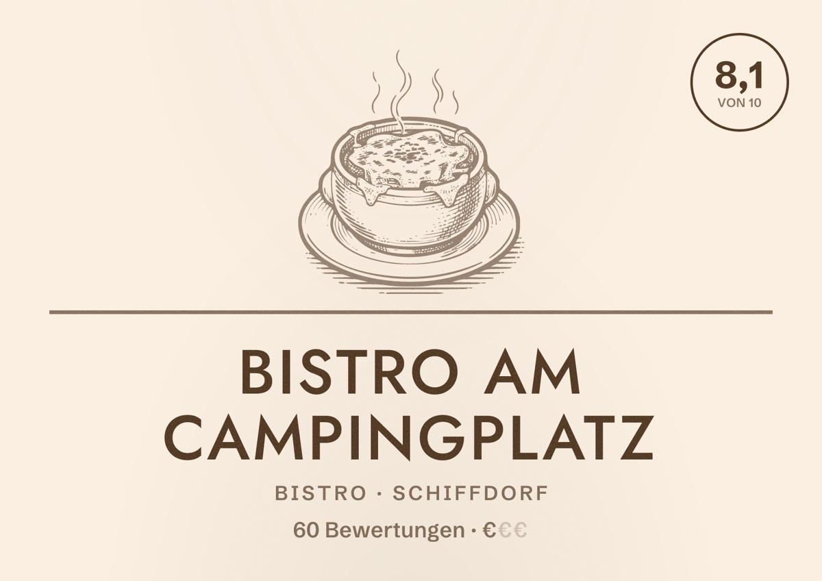 Illustriertes Poster von Bistro am Campingplatz, Bistro in Schiffdorf: Bewertung 8,1 von 10 aus 60 Bewertungen, Preisniveau €