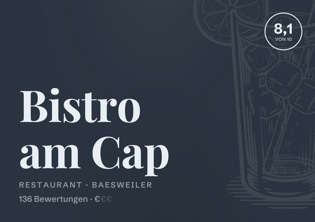 Illustriertes Poster von Bistro am Cap, Restaurant in Baesweiler: Bewertung 8,1 von 10 aus 136 Bewertungen, Preisniveau €