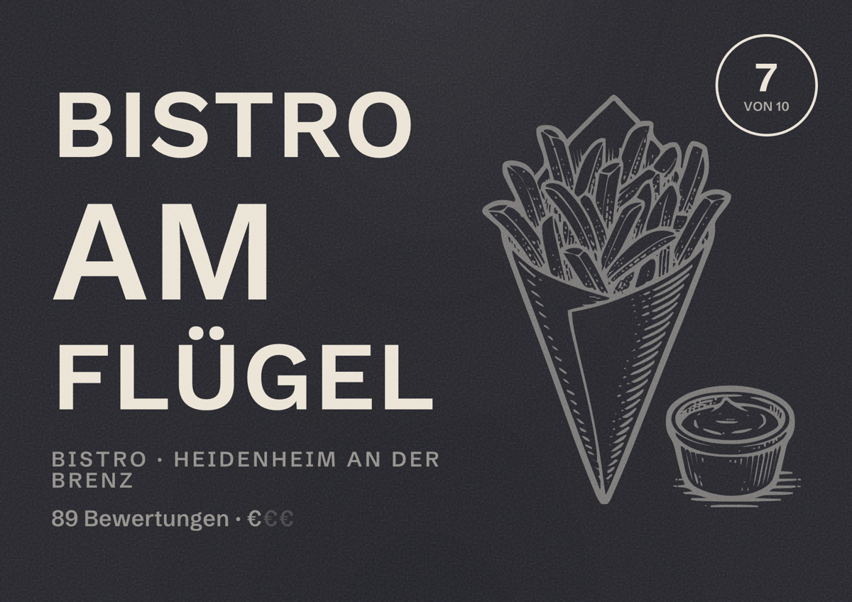 Illustriertes Poster von Bistro Am Flügel, Bistro in Heidenheim an der Brenz: Bewertung 7 von 10 aus 89 Bewertungen, Preisniveau €