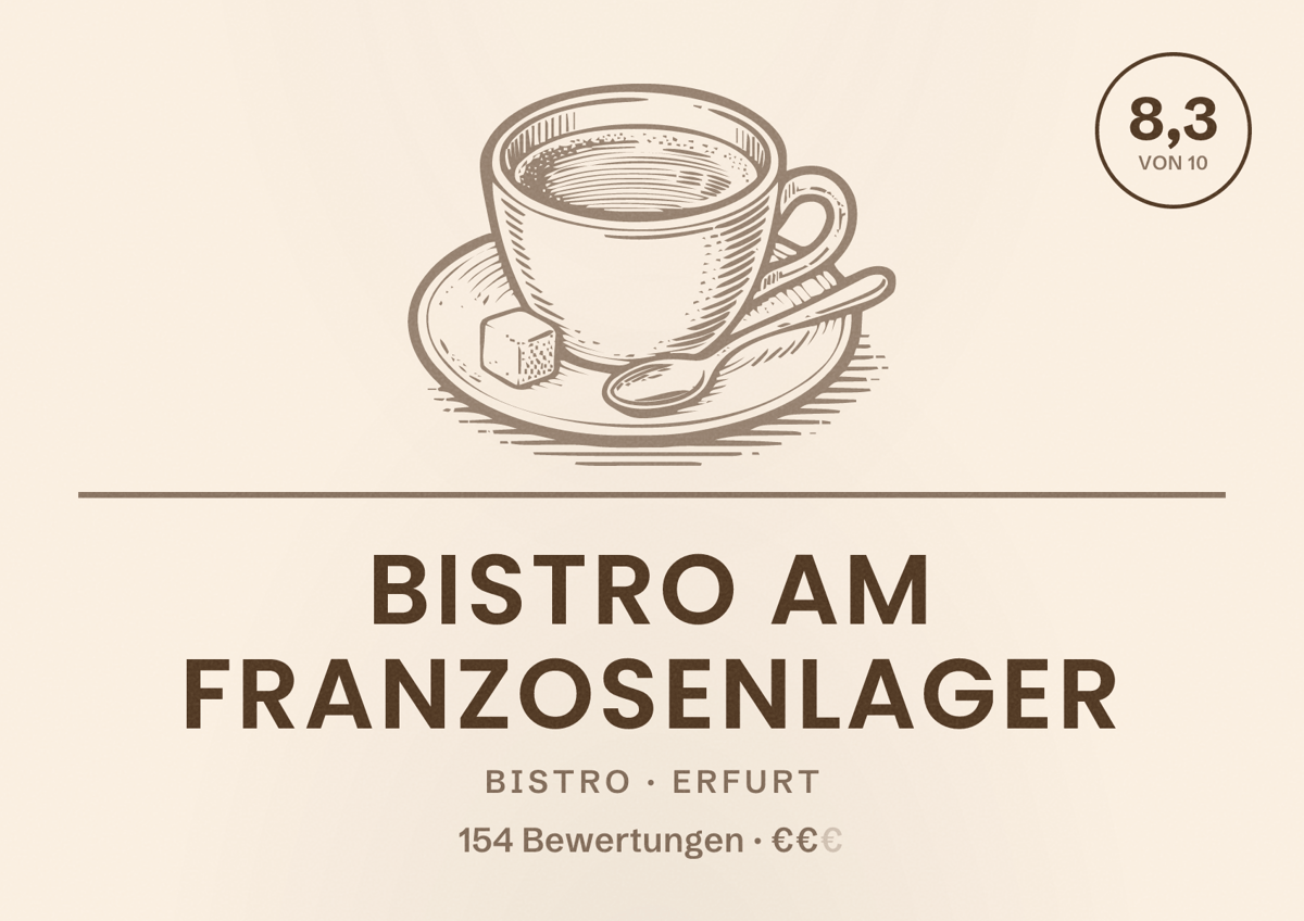 Illustriertes Poster von Bistro am Franzosenlager, Bistro in Erfurt: Bewertung 8,3 von 10 aus 154 Bewertungen, Preisniveau €€
