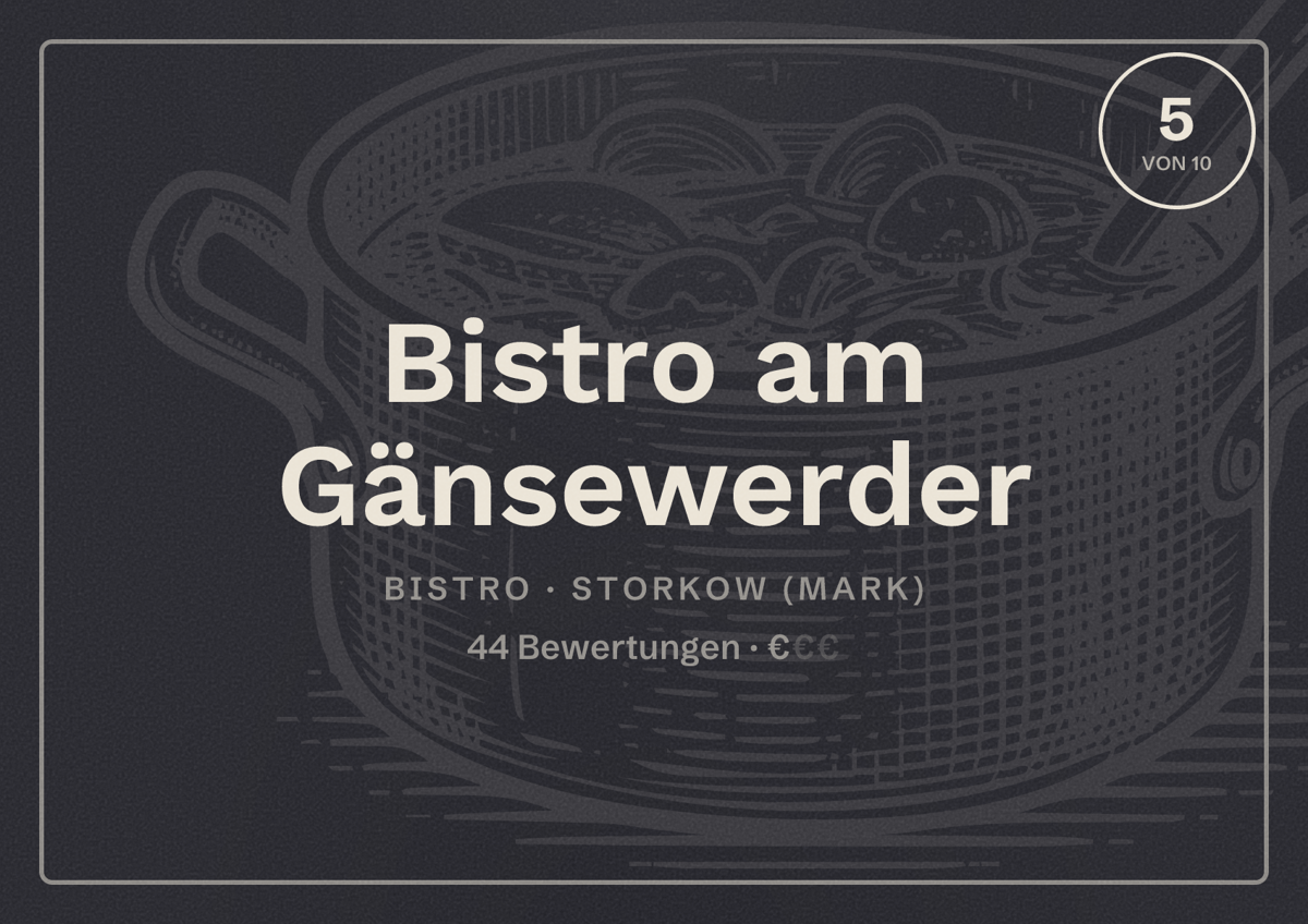 Illustriertes Poster von Bistro am Gänsewerder, Bistro in Storkow (Mark): Bewertung 5 von 10 aus 44 Bewertungen, Preisniveau €