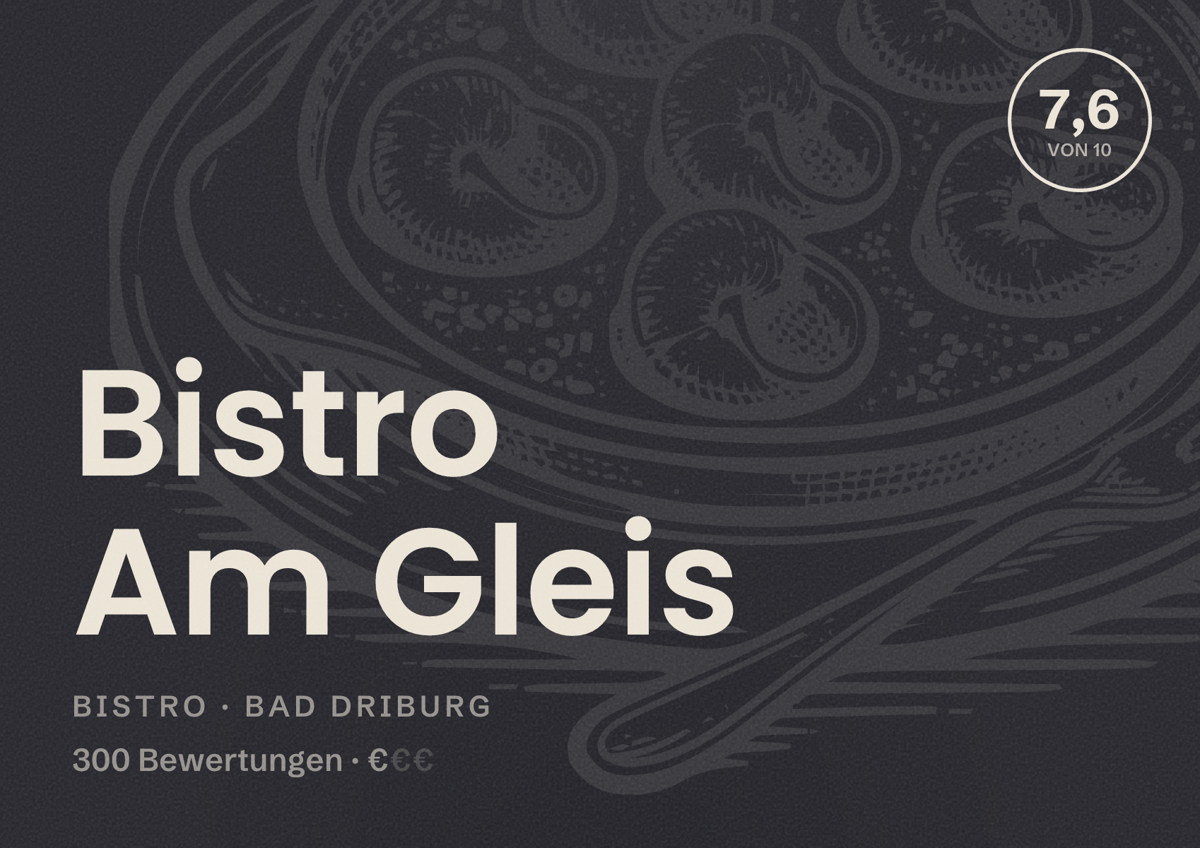 Illustriertes Poster von Bistro Am Gleis, Bistro in Bad Driburg: Bewertung 7,6 von 10 aus 300 Bewertungen, Preisniveau €