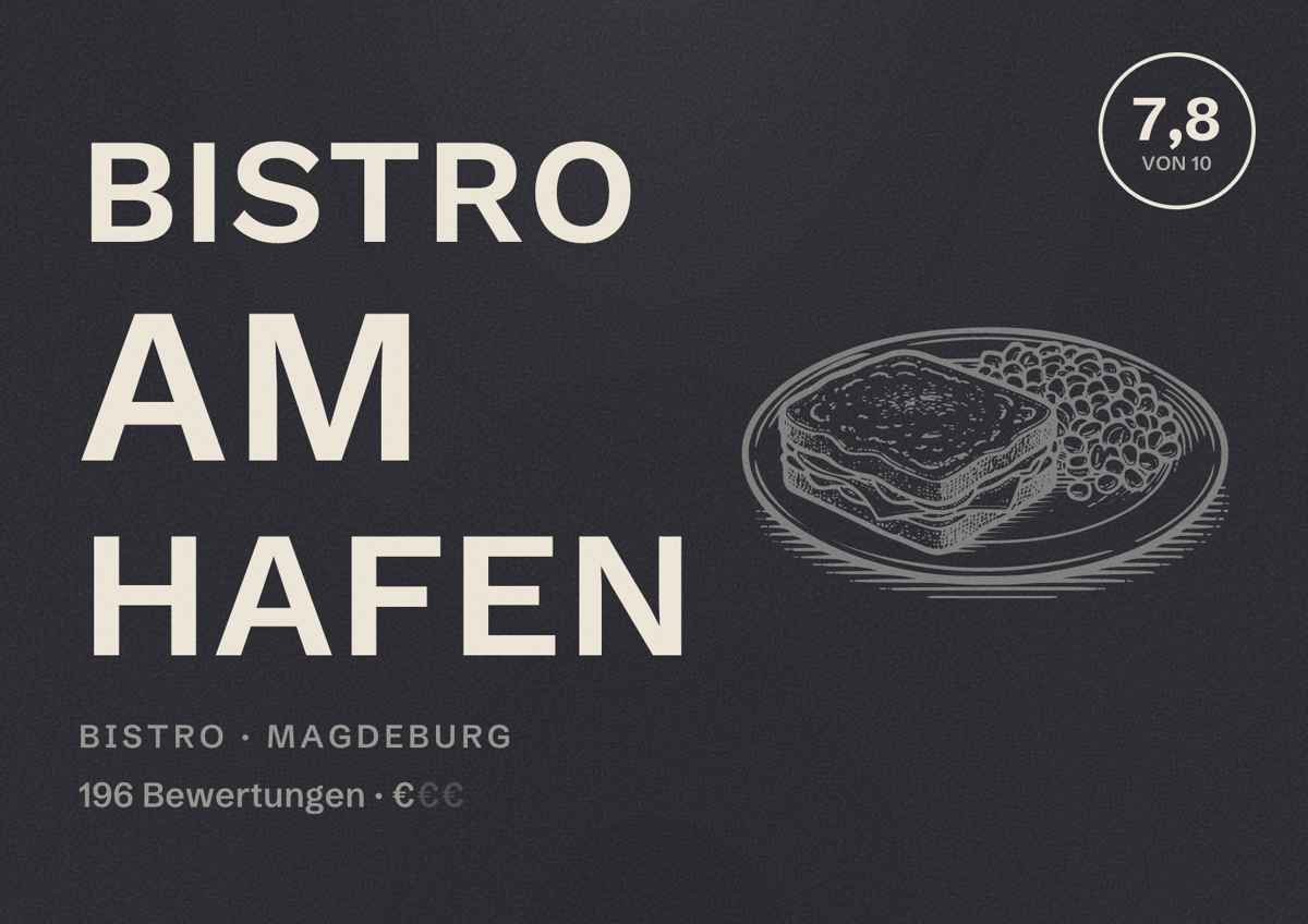 Illustriertes Poster von Bistro am Hafen, Bistro in Magdeburg: Bewertung 7,8 von 10 aus 196 Bewertungen, Preisniveau €