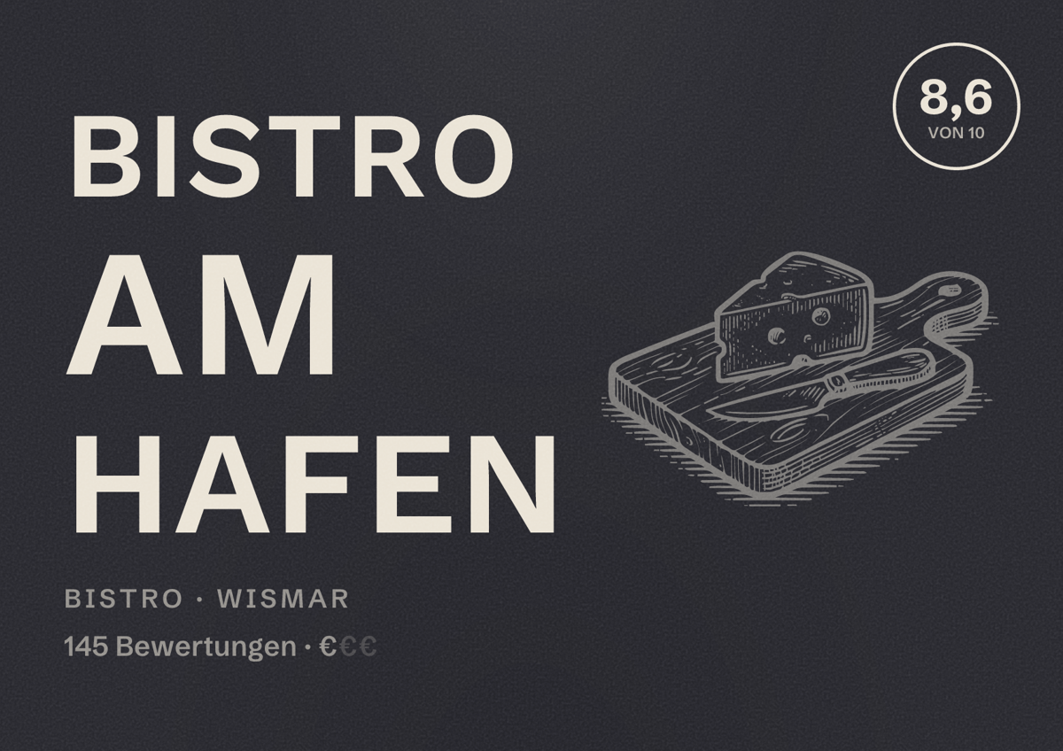 Illustriertes Poster von Bistro am Hafen, Bistro in Wismar: Bewertung 8,6 von 10 aus 145 Bewertungen, Preisniveau €