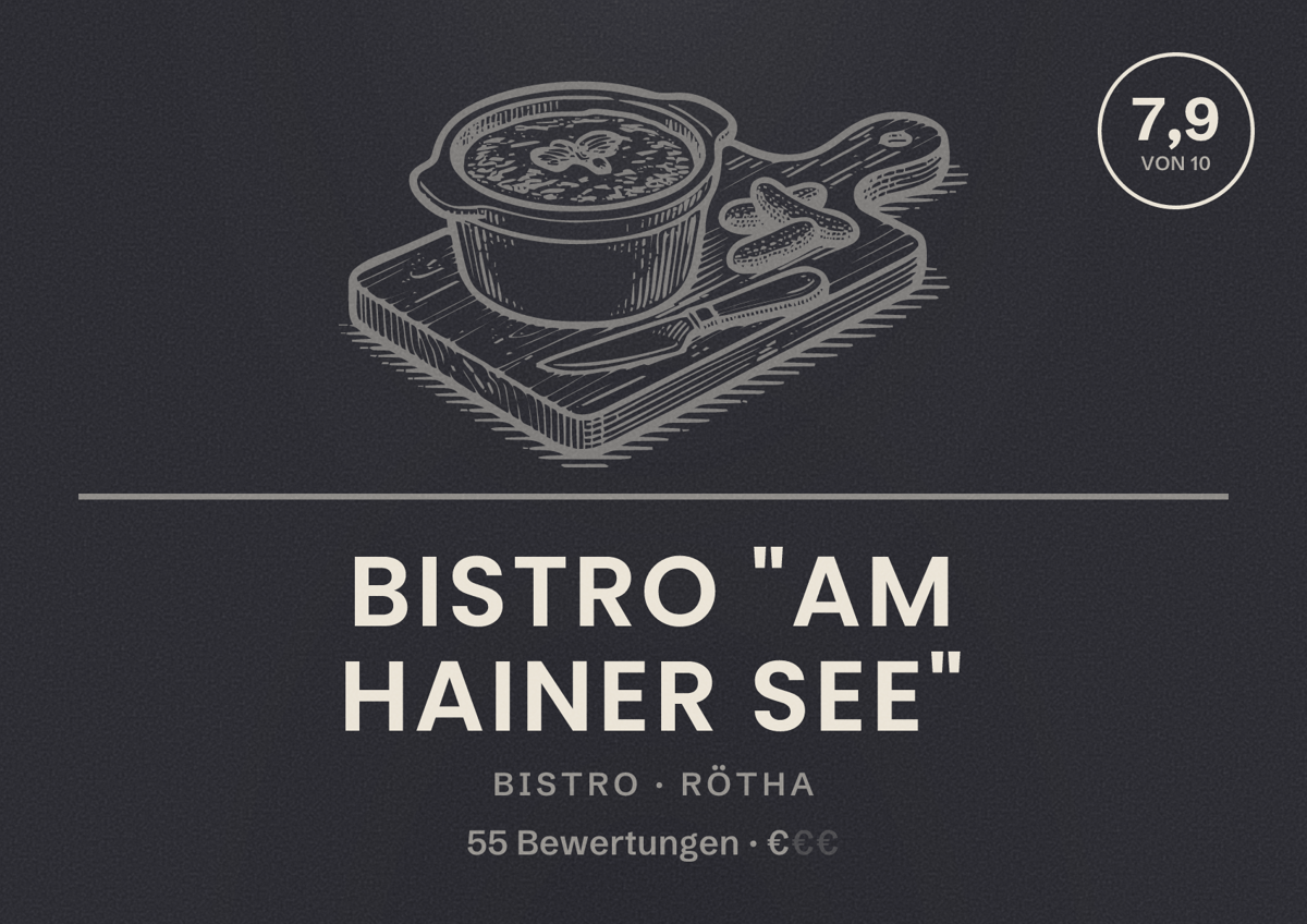 Illustriertes Poster von Bistro "Am Hainer See", Bistro in Rötha: Bewertung 7,9 von 10 aus 55 Bewertungen, Preisniveau €