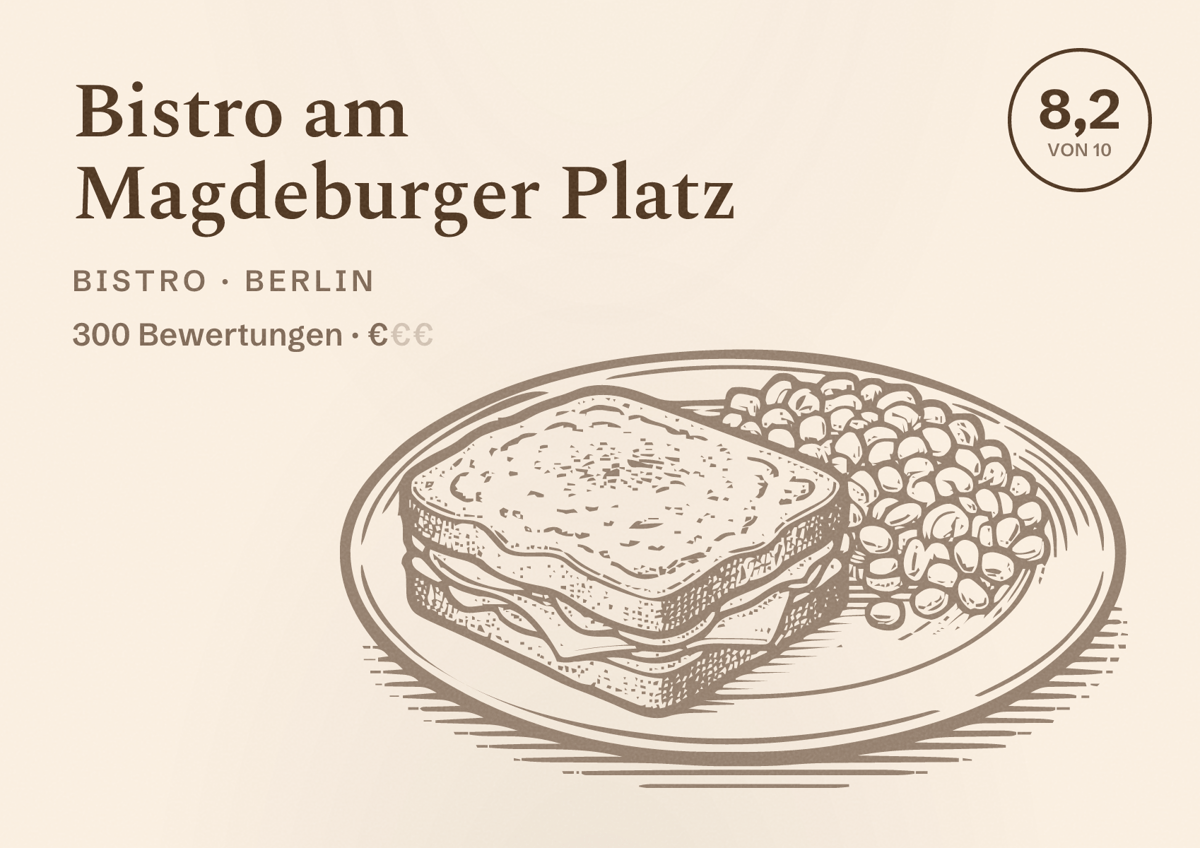 Illustriertes Poster von Bistro am Magdeburger Platz, Bistro in Berlin: Bewertung 8,2 von 10 aus 300 Bewertungen, Preisniveau €