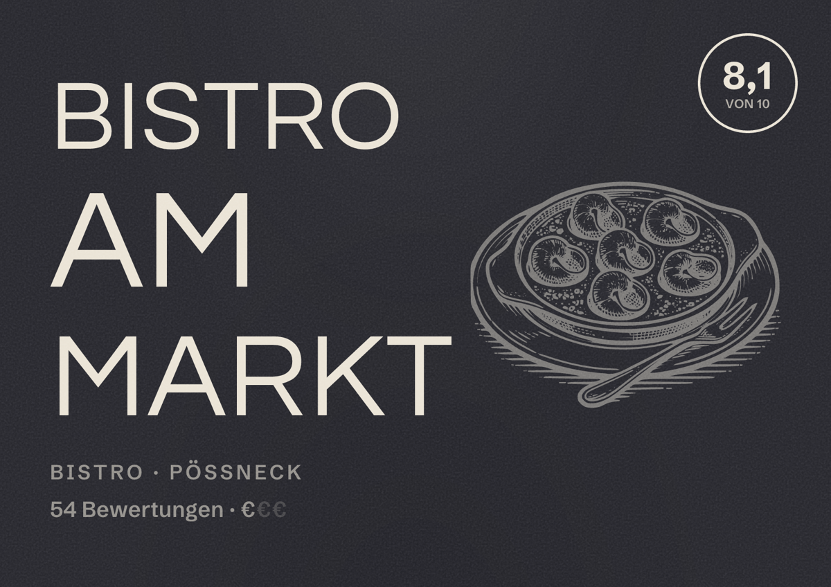 Illustriertes Poster von Bistro Am Markt, Bistro in Pößneck: Bewertung 8,1 von 10 aus 54 Bewertungen, Preisniveau €