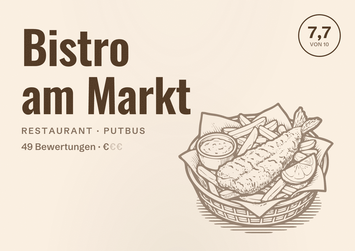 Illustriertes Poster von Bistro am Markt, Restaurant in Putbus: Bewertung 7,7 von 10 aus 49 Bewertungen, Preisniveau €