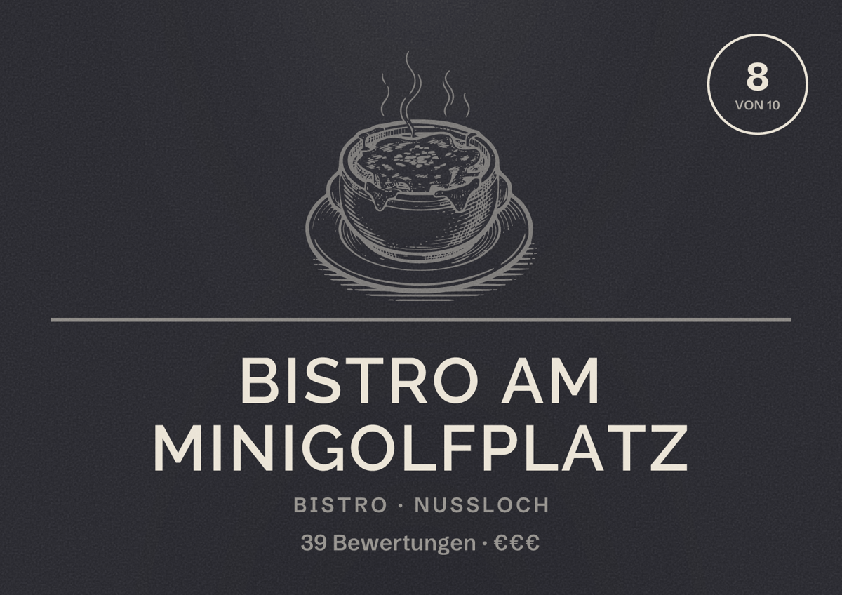Illustriertes Poster von Bistro am Minigolfplatz, Bistro in Nußloch: Bewertung 8 von 10 aus 39 Bewertungen, Preisniveau €€€