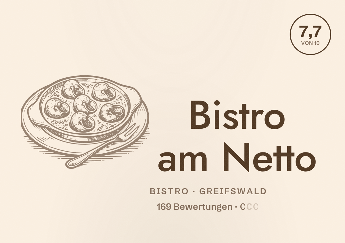 Illustriertes Poster von Bistro am Netto, Bistro in Greifswald: Bewertung 7,7 von 10 aus 169 Bewertungen, Preisniveau €