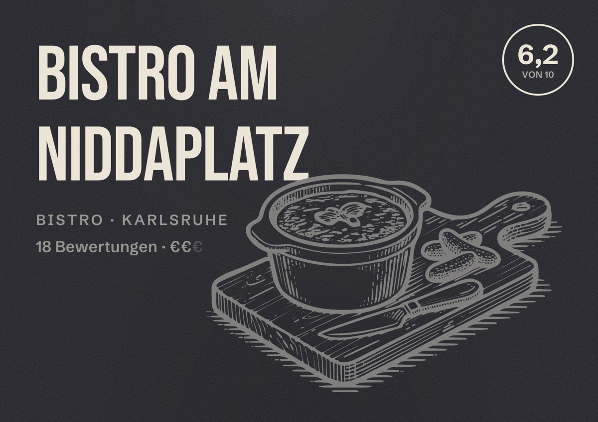 Illustriertes Poster von Bistro am Niddaplatz, Bistro in Karlsruhe: Bewertung 6,2 von 10 aus 18 Bewertungen, Preisniveau €€