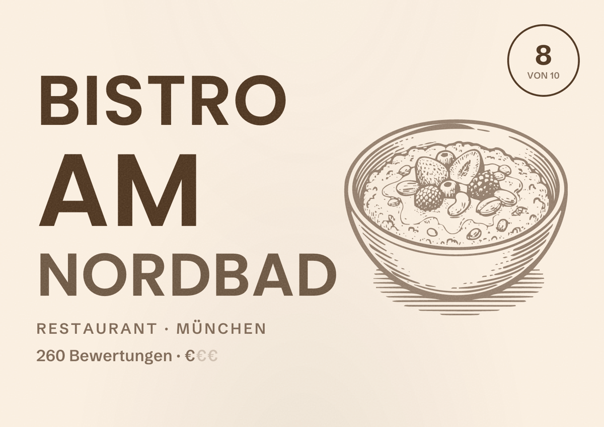 Illustriertes Poster von Bistro am Nordbad, Restaurant in München: Bewertung 8,0 von 10 aus 260 Bewertungen, Preisniveau €