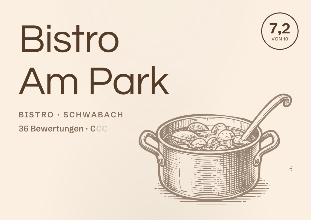 Illustriertes Poster von Bistro Am Park, Bistro in Schwabach: Bewertung 7,2 von 10 aus 36 Bewertungen, Preisniveau €