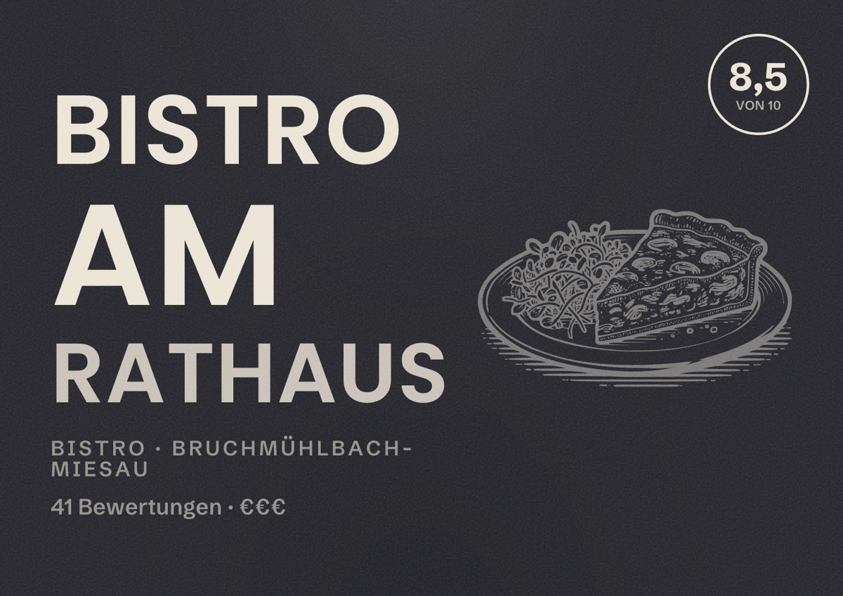 Illustriertes Poster von Bistro am Rathaus, Bistro in Bruchmühlbach-Miesau: Bewertung 8,5 von 10 aus 41 Bewertungen, Preisniveau €€€