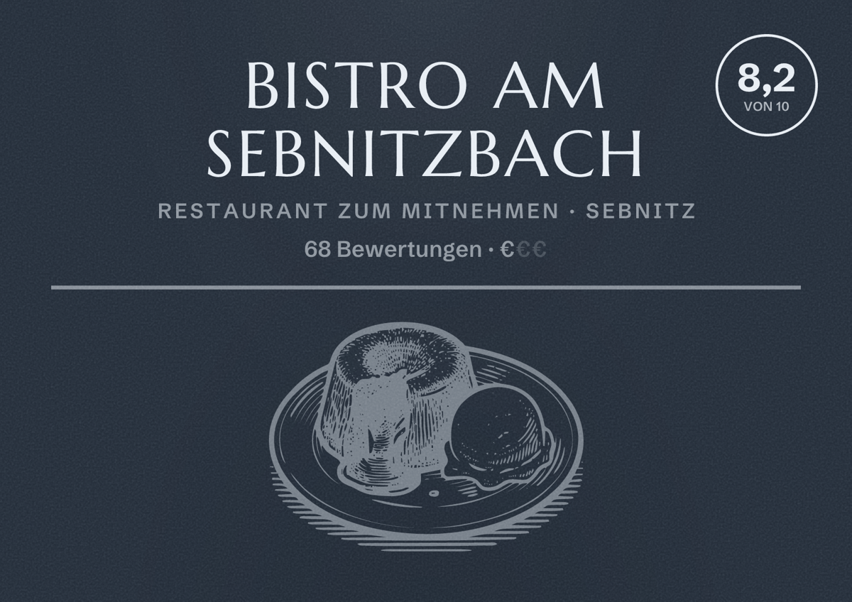 Illustriertes Poster von Bistro am Sebnitzbach, Restaurant zum Mitnehmen in Sebnitz: Bewertung 8,2 von 10 aus 68 Bewertungen, Preisniveau €
