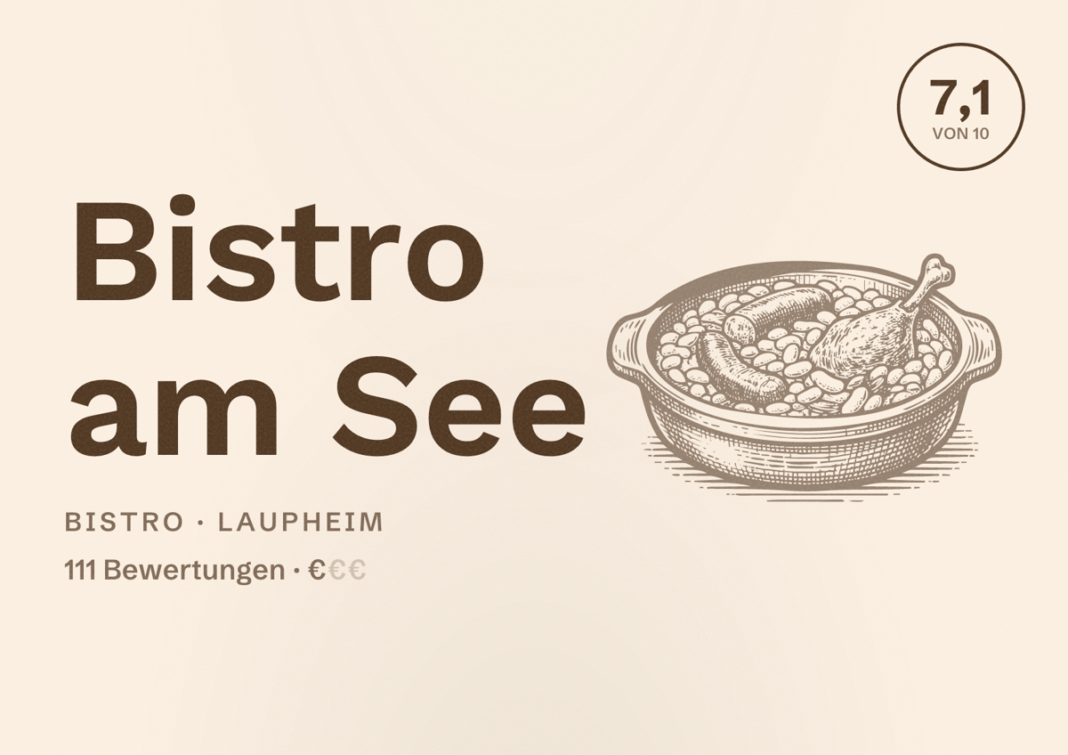 Illustriertes Poster von Bistro am See, Bistro in Laupheim: Bewertung 7,1 von 10 aus 111 Bewertungen, Preisniveau €