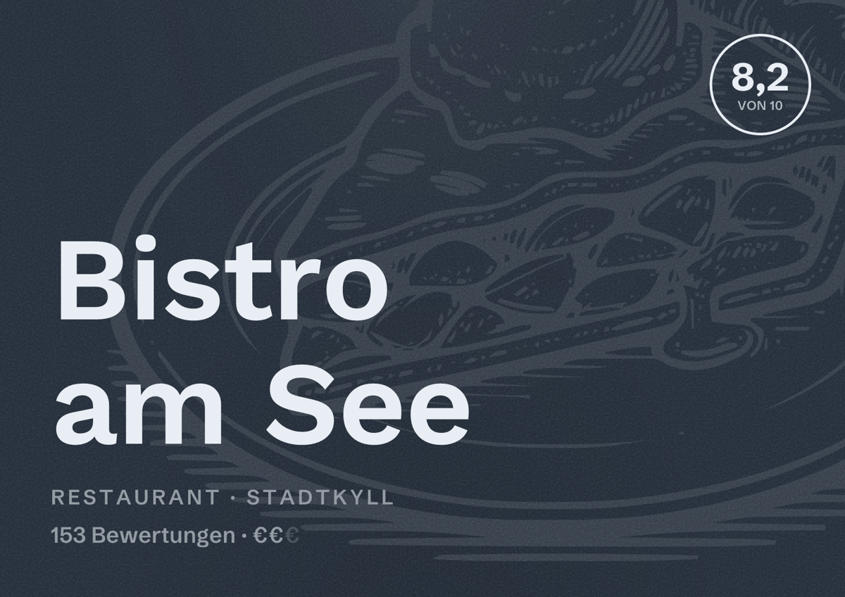 Illustriertes Poster von Bistro am See, Restaurant in Stadtkyll: Bewertung 8,2 von 10 aus 153 Bewertungen, Preisniveau €€