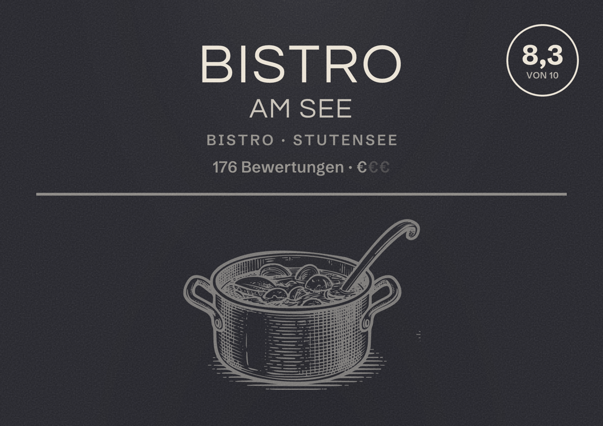 Illustriertes Poster von Bistro Am See, Bistro in Stutensee: Bewertung 8,3 von 10 aus 176 Bewertungen, Preisniveau €