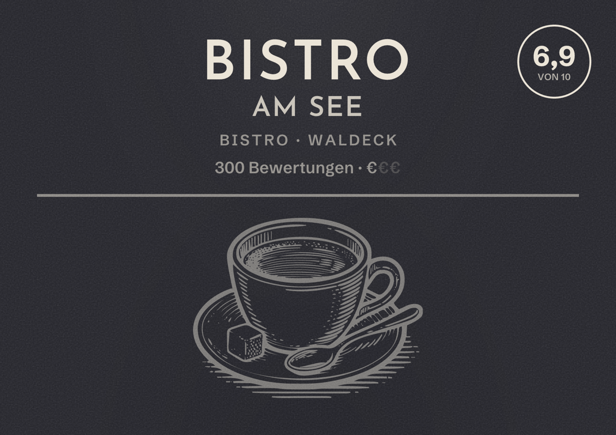 Illustriertes Poster von Bistro am See, Bistro in Waldeck: Bewertung 6,9 von 10 aus 300 Bewertungen, Preisniveau €