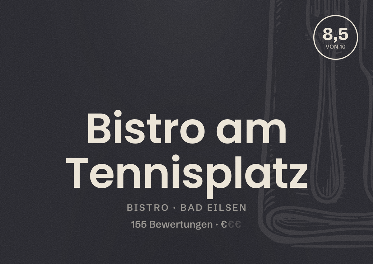 Illustriertes Poster von Bistro am Tennisplatz, Bistro in Bad Eilsen: Bewertung 8,5 von 10 aus 155 Bewertungen, Preisniveau €