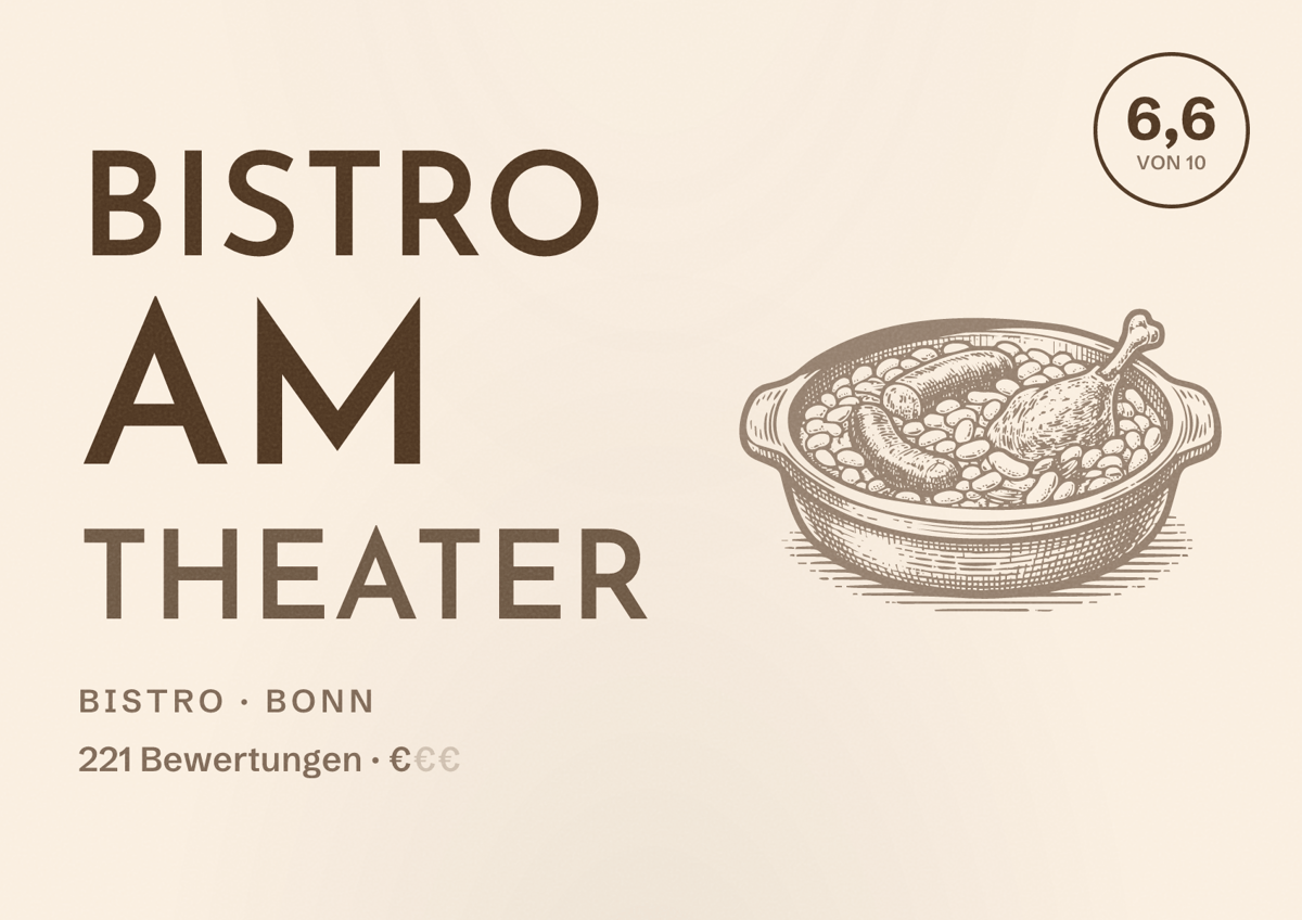 Illustriertes Poster von Bistro am Theater, Bistro in Bonn: Bewertung 6,6 von 10 aus 221 Bewertungen, Preisniveau €