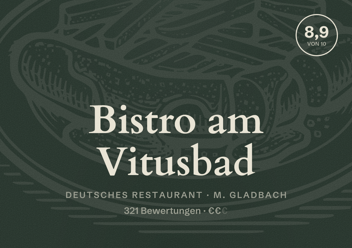 Illustriertes Poster von Bistro am Vitusbad, Deutsches Restaurant in M. Gladbach: Bewertung 8,9 von 10 aus 321 Bewertungen, Preisniveau €€
