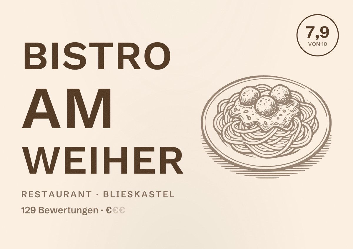 Illustriertes Poster von Bistro Am Weiher, Restaurant in Blieskastel: Bewertung 7,9 von 10 aus 129 Bewertungen, Preisniveau €