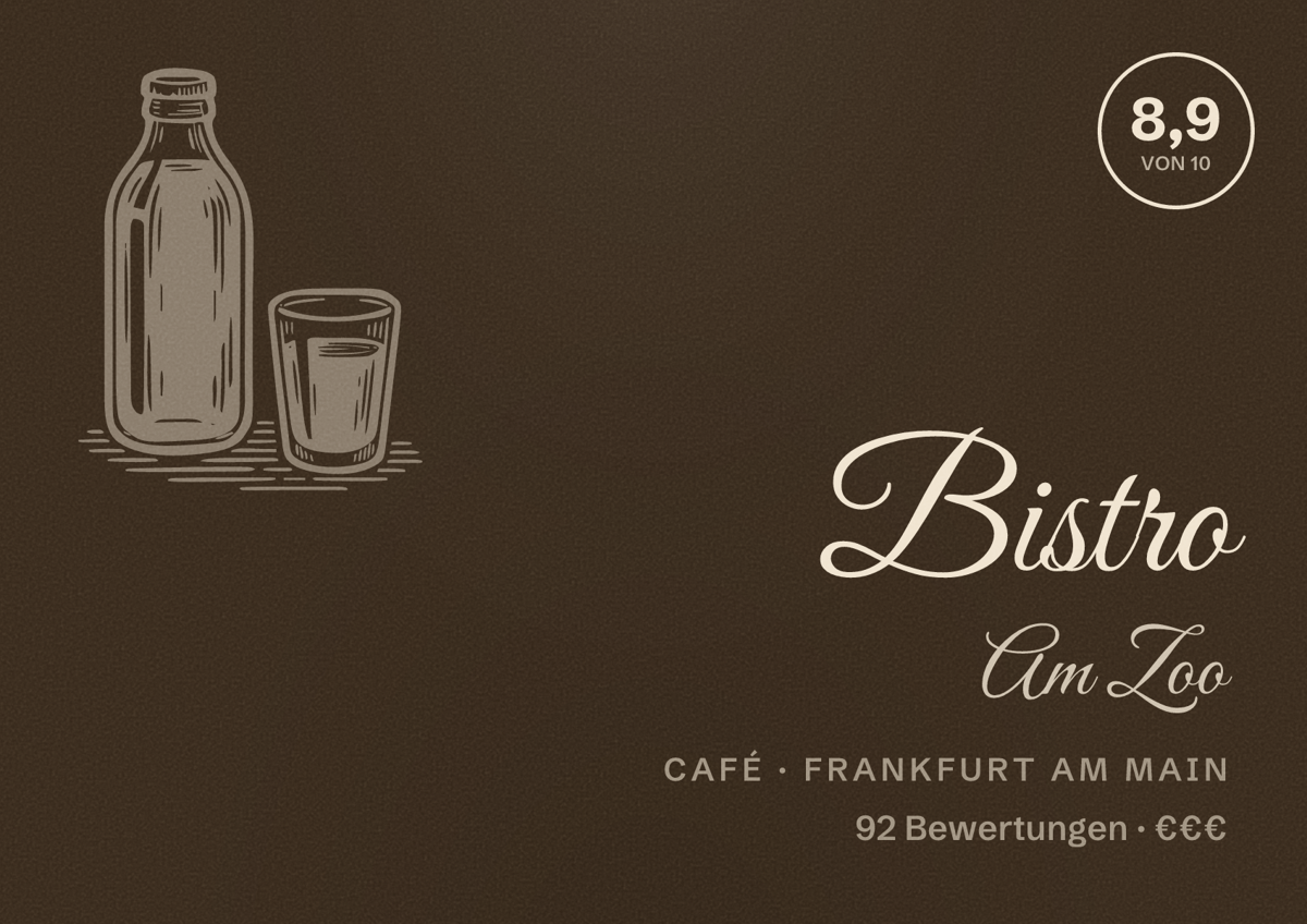 Illustriertes Poster von Bistro Am Zoo, Café in Frankfurt am Main: Bewertung 8,9 von 10 aus 92 Bewertungen, Preisniveau €€€