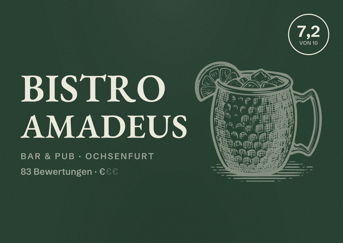 Illustriertes Poster von Bistro Amadeus, Bar & Pub in Ochsenfurt: Bewertung 7,2 von 10 aus 83 Bewertungen, Preisniveau €