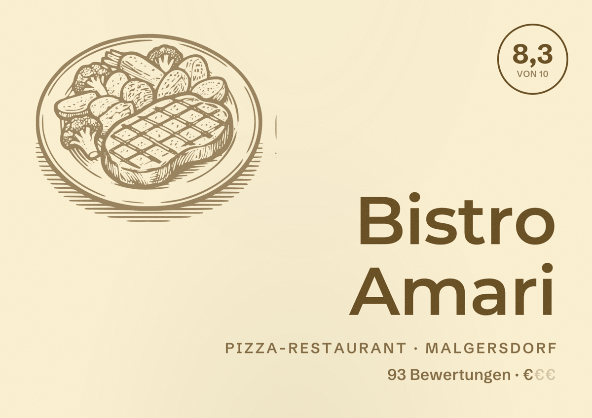 Illustriertes Poster von Bistro Amari, Pizza-Restaurant in Malgersdorf: Bewertung 8,3 von 10 aus 93 Bewertungen, Preisniveau €