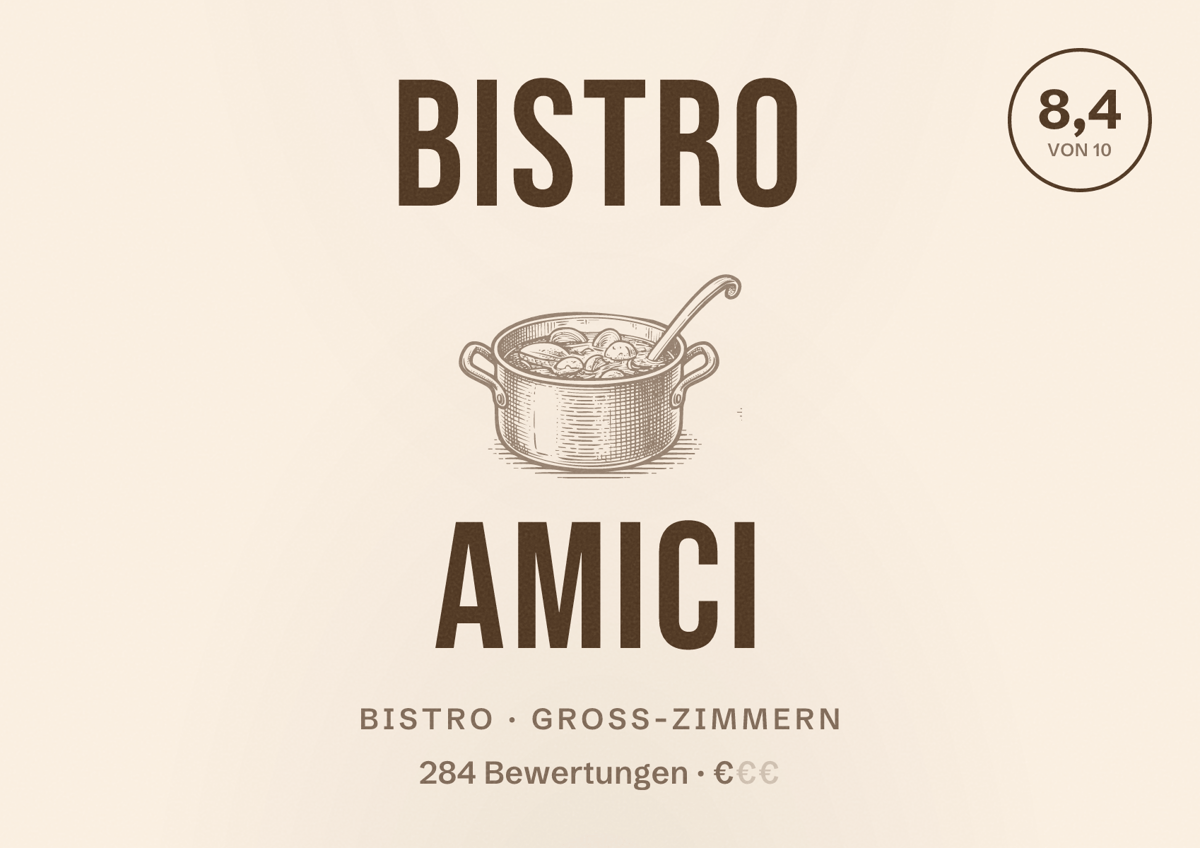 Illustriertes Poster von Bistro Amici, Bistro in Groß-Zimmern: Bewertung 8,4 von 10 aus 284 Bewertungen, Preisniveau €