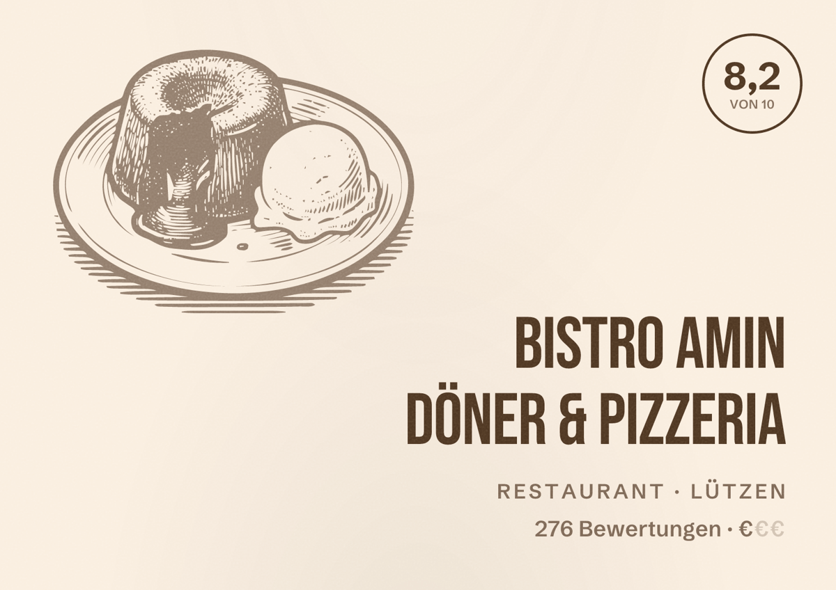 Illustriertes Poster von Bistro Amin Döner & Pizzeria, Restaurant in Lützen: Bewertung 8,2 von 10 aus 276 Bewertungen, Preisniveau €