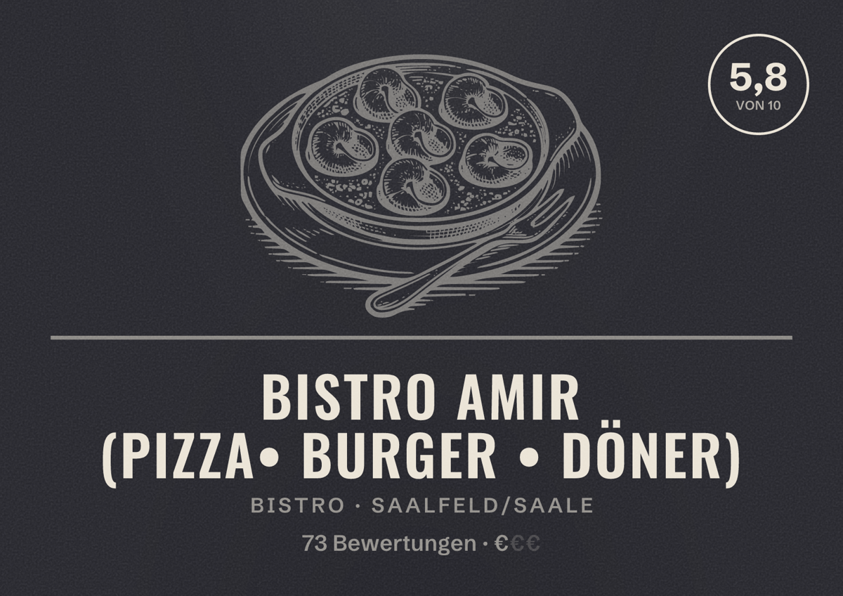 Illustriertes Poster von Bistro Amir (PIZZA• BURGER • DÖNER), Bistro in Saalfeld/Saale: Bewertung 5,8 von 10 aus 73 Bewertungen, Preisniveau €