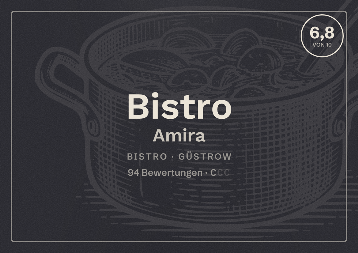 Illustriertes Poster von Bistro Amira, Bistro in Güstrow: Bewertung 6,8 von 10 aus 94 Bewertungen, Preisniveau €