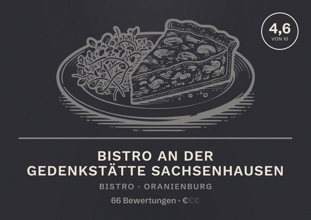Illustriertes Poster von Bistro an der Gedenkstätte Sachsenhausen, Bistro in Oranienburg: Bewertung 4,6 von 10 aus 66 Bewertungen, Preisniveau €