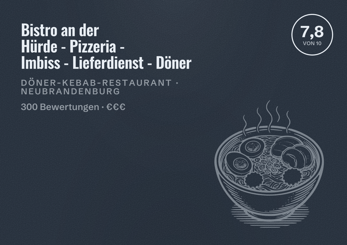 Illustriertes Poster von Bistro an der Hürde - Pizzeria - Imbiss - Lieferdienst - Döner, Döner-Kebab-Restaurant in Neubrandenburg: Bewertung 7,8 von 10 aus 300 Bewertungen, Preisniveau €€€