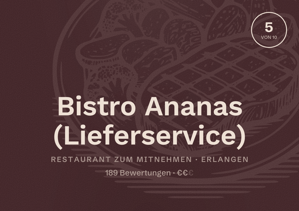 Illustriertes Poster von Bistro Ananas (Lieferservice), Restaurant zum Mitnehmen in Erlangen: Bewertung 5 von 10 aus 189 Bewertungen, Preisniveau €€